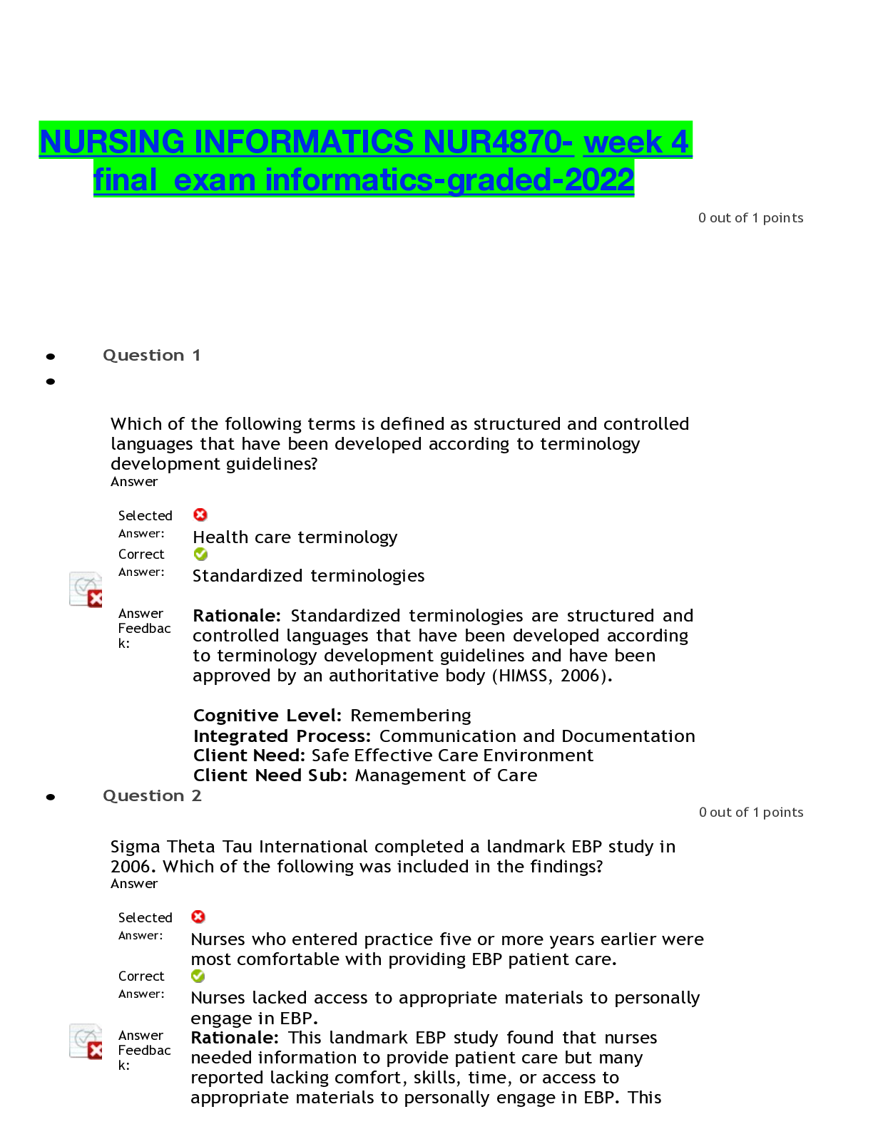 Preview of NURSING INFORMATICS NUR4870- week 4 final  exam informatics-graded-2022